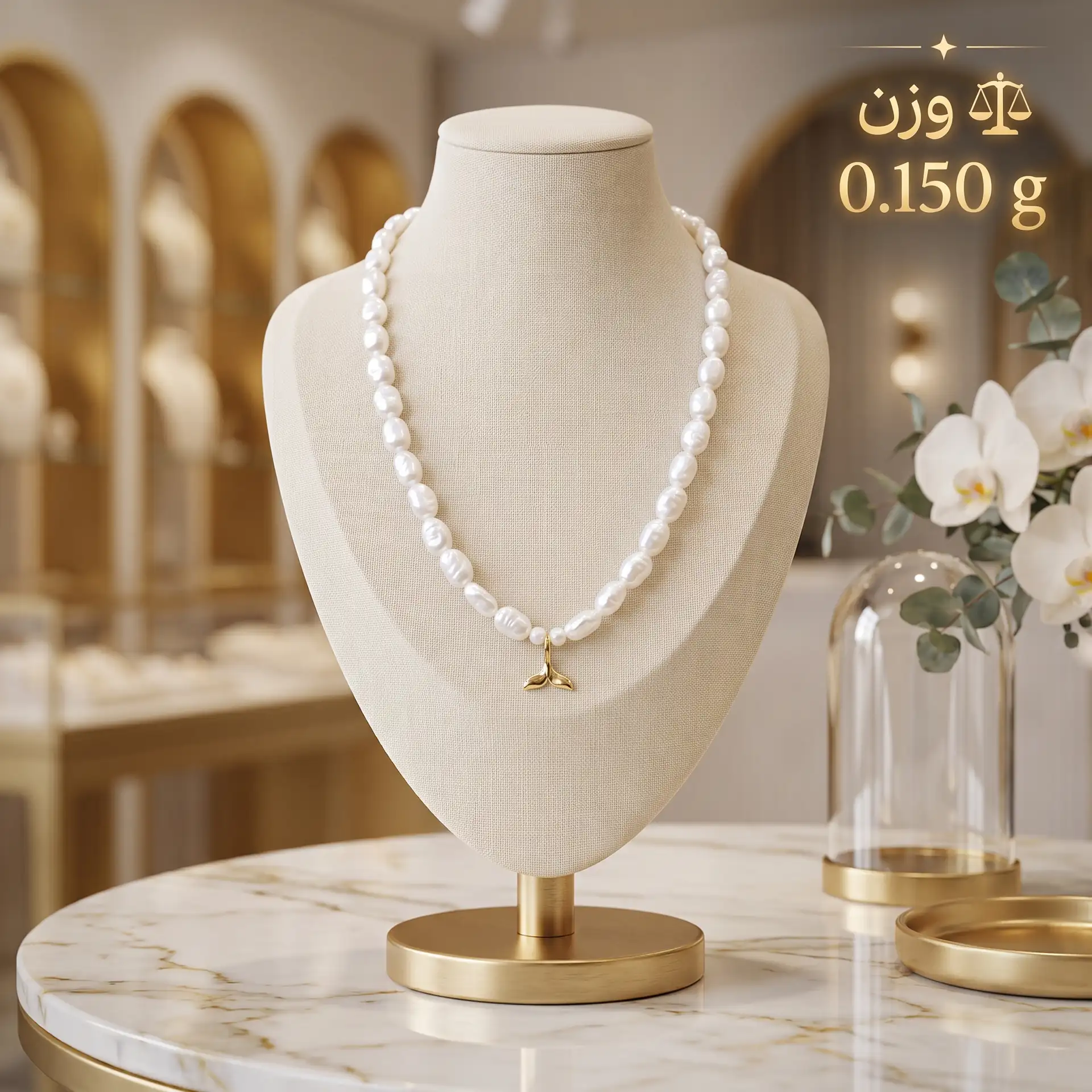 گردنبند مروارید و طلا طرح دم نهنگ